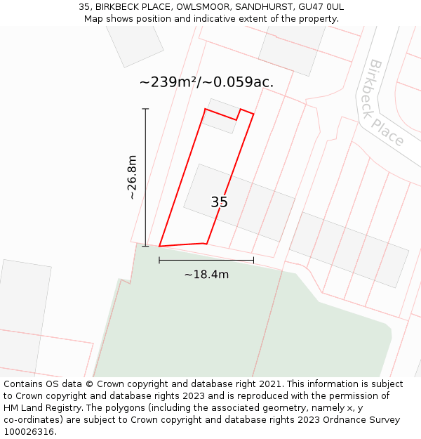 35, BIRKBECK PLACE, OWLSMOOR, SANDHURST, GU47 0UL: Plot and title map