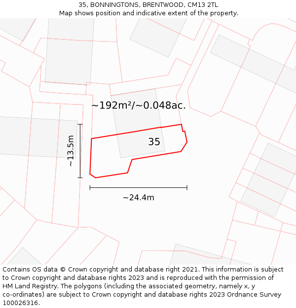 35, BONNINGTONS, BRENTWOOD, CM13 2TL: Plot and title map