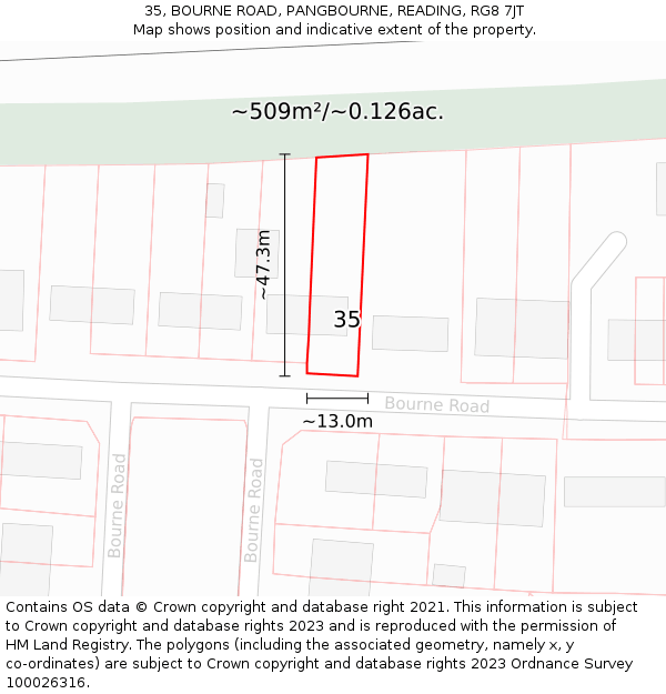 35, BOURNE ROAD, PANGBOURNE, READING, RG8 7JT: Plot and title map
