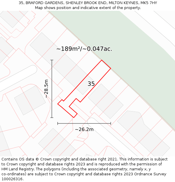 35, BRAFORD GARDENS, SHENLEY BROOK END, MILTON KEYNES, MK5 7HY: Plot and title map