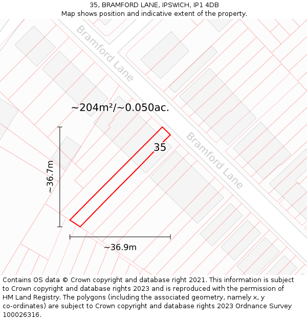 35, BRAMFORD LANE, IPSWICH, IP1 4DB: Plot and title map