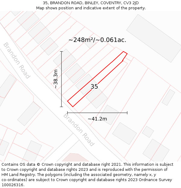 35, BRANDON ROAD, BINLEY, COVENTRY, CV3 2JD: Plot and title map