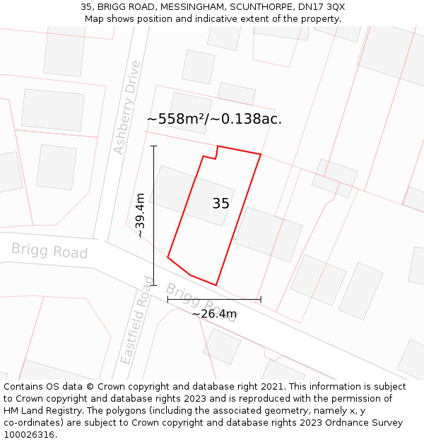 35, BRIGG ROAD, MESSINGHAM, SCUNTHORPE, DN17 3QX: Plot and title map