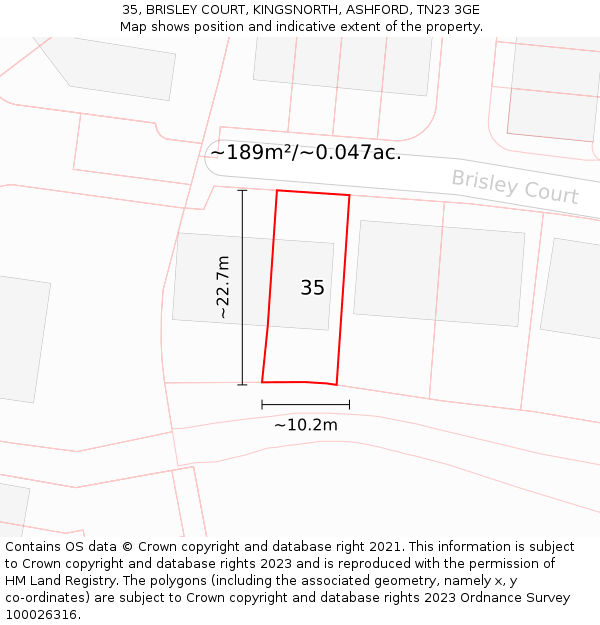 35, BRISLEY COURT, KINGSNORTH, ASHFORD, TN23 3GE: Plot and title map