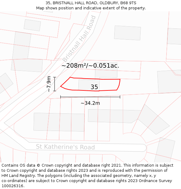 35, BRISTNALL HALL ROAD, OLDBURY, B68 9TS: Plot and title map