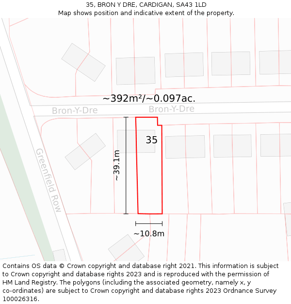 35, BRON Y DRE, CARDIGAN, SA43 1LD: Plot and title map