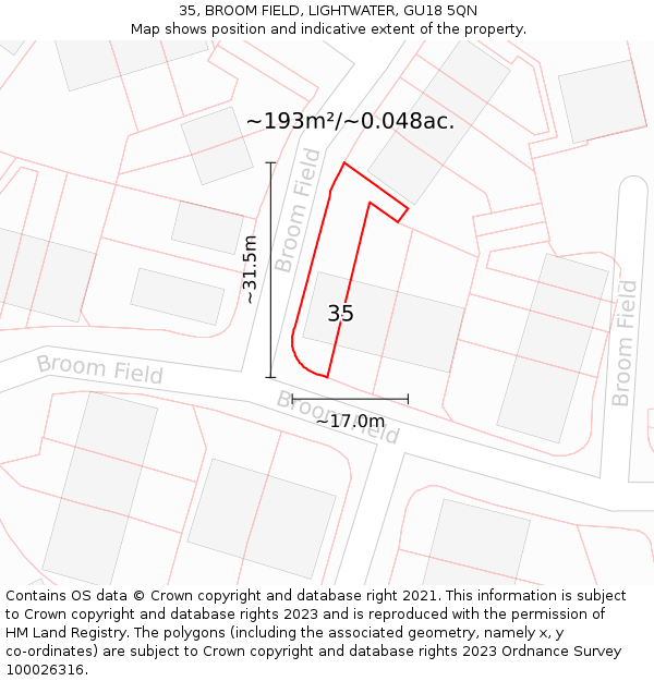 35, BROOM FIELD, LIGHTWATER, GU18 5QN: Plot and title map