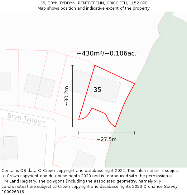 35, BRYN TYDDYN, PENTREFELIN, CRICCIETH, LL52 0PE: Plot and title map