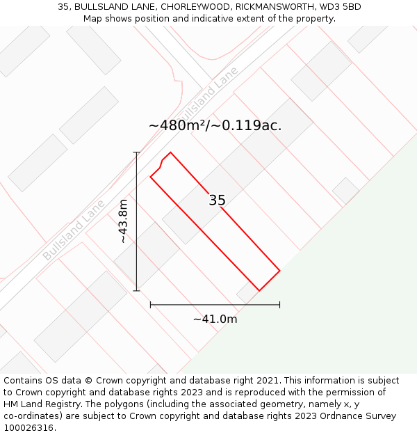 35, BULLSLAND LANE, CHORLEYWOOD, RICKMANSWORTH, WD3 5BD: Plot and title map