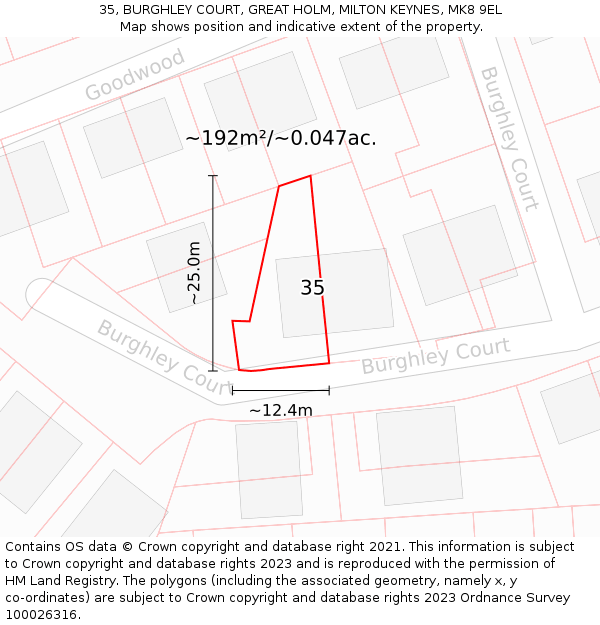 35, BURGHLEY COURT, GREAT HOLM, MILTON KEYNES, MK8 9EL: Plot and title map