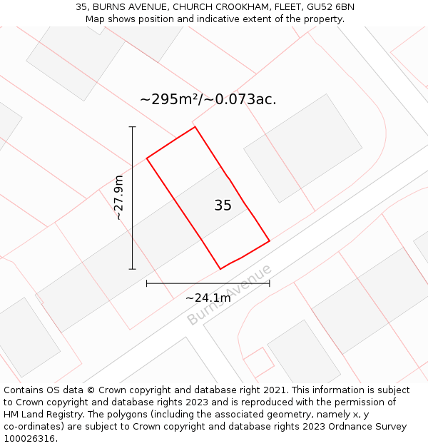 35, BURNS AVENUE, CHURCH CROOKHAM, FLEET, GU52 6BN: Plot and title map