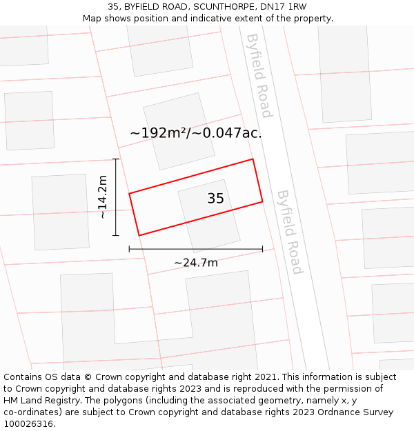 35, BYFIELD ROAD, SCUNTHORPE, DN17 1RW: Plot and title map