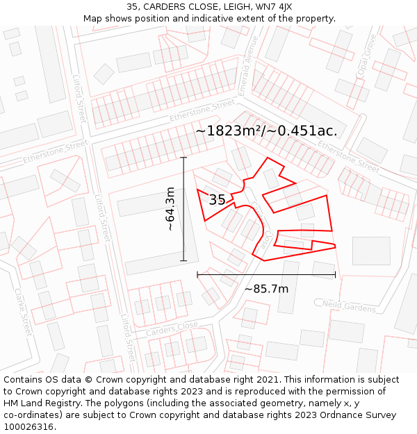 35, CARDERS CLOSE, LEIGH, WN7 4JX: Plot and title map