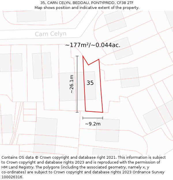 35, CARN CELYN, BEDDAU, PONTYPRIDD, CF38 2TF: Plot and title map