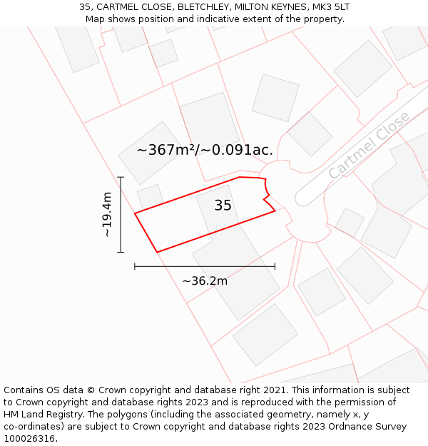 35, CARTMEL CLOSE, BLETCHLEY, MILTON KEYNES, MK3 5LT: Plot and title map