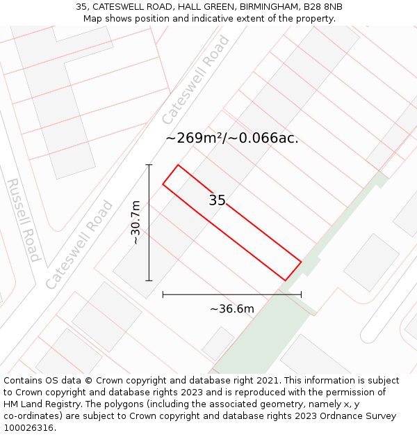 35, CATESWELL ROAD, HALL GREEN, BIRMINGHAM, B28 8NB: Plot and title map