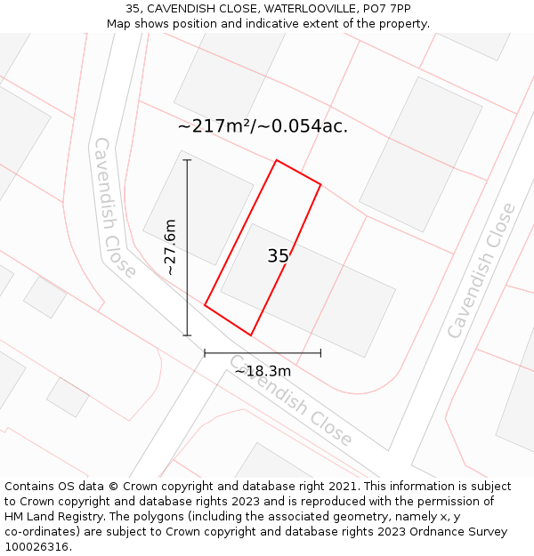 35, CAVENDISH CLOSE, WATERLOOVILLE, PO7 7PP: Plot and title map