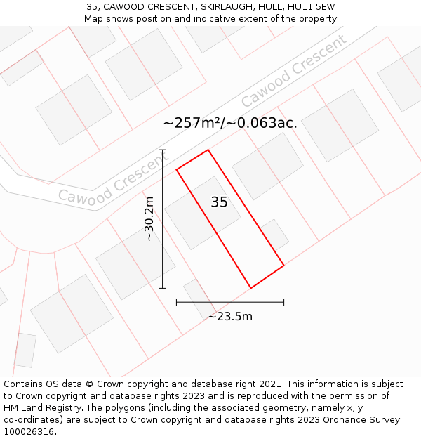 35, CAWOOD CRESCENT, SKIRLAUGH, HULL, HU11 5EW: Plot and title map