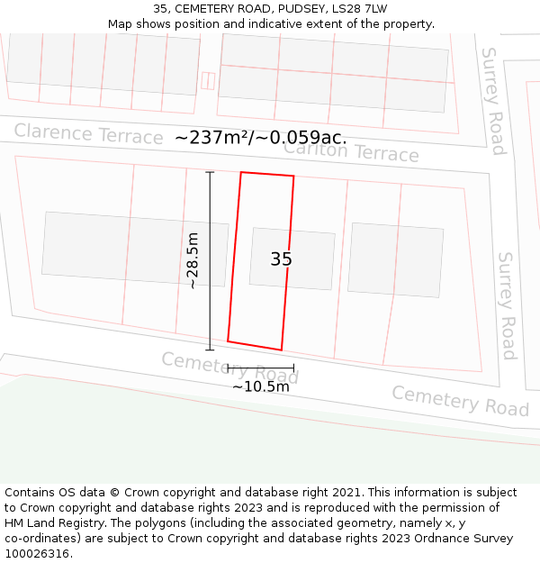 35, CEMETERY ROAD, PUDSEY, LS28 7LW: Plot and title map