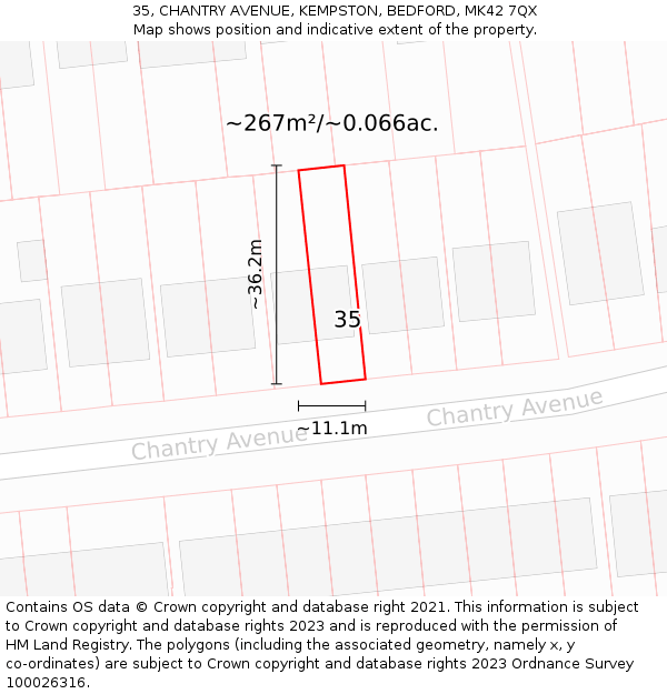 35, CHANTRY AVENUE, KEMPSTON, BEDFORD, MK42 7QX: Plot and title map