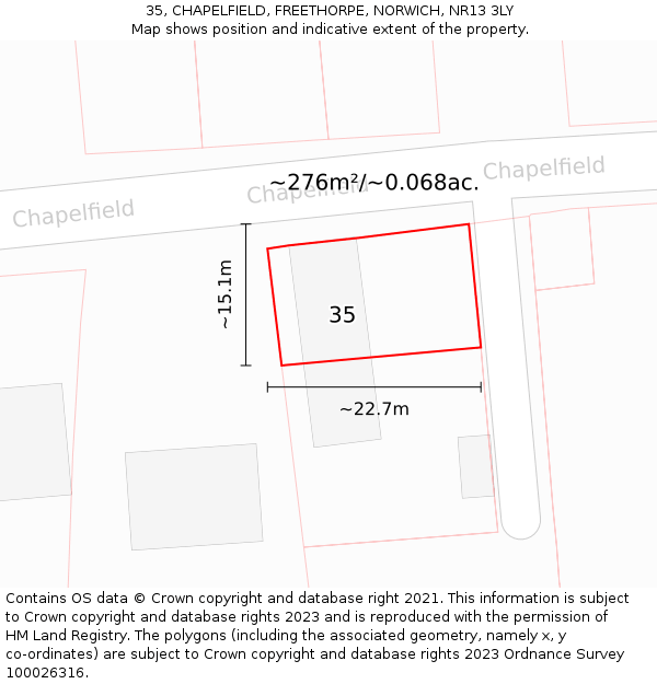 35, CHAPELFIELD, FREETHORPE, NORWICH, NR13 3LY: Plot and title map
