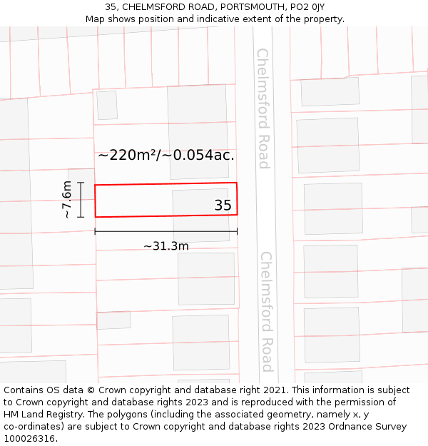 35, CHELMSFORD ROAD, PORTSMOUTH, PO2 0JY: Plot and title map