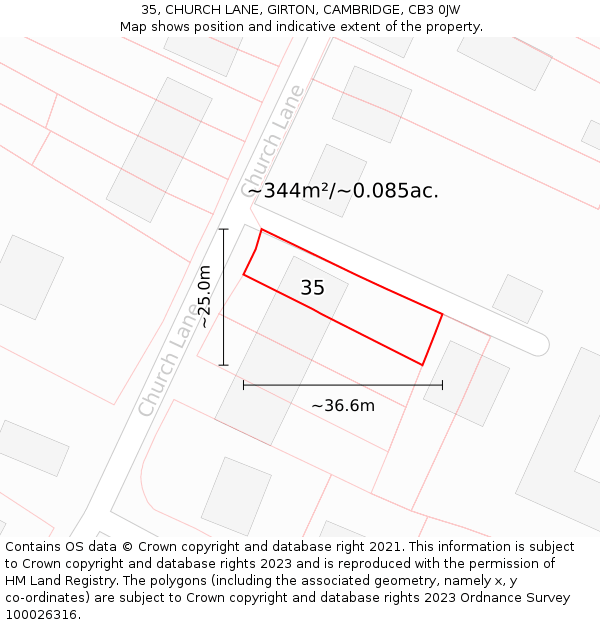 35, CHURCH LANE, GIRTON, CAMBRIDGE, CB3 0JW: Plot and title map