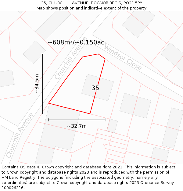 35, CHURCHILL AVENUE, BOGNOR REGIS, PO21 5PY: Plot and title map