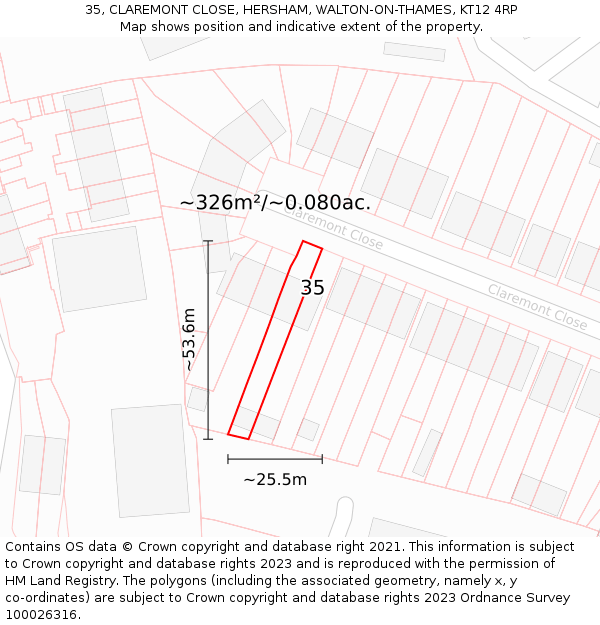 35, CLAREMONT CLOSE, HERSHAM, WALTON-ON-THAMES, KT12 4RP: Plot and title map