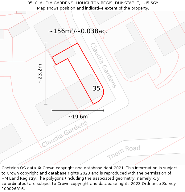 35, CLAUDIA GARDENS, HOUGHTON REGIS, DUNSTABLE, LU5 6GY: Plot and title map