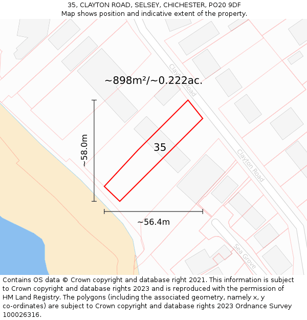 35, CLAYTON ROAD, SELSEY, CHICHESTER, PO20 9DF: Plot and title map