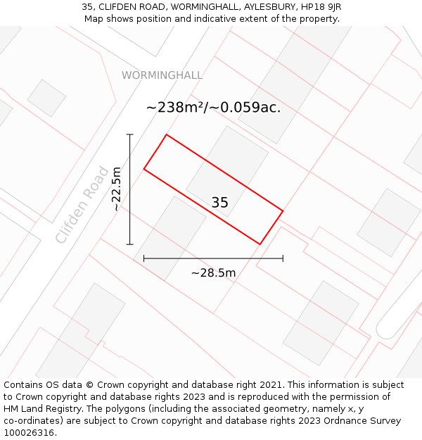 35, CLIFDEN ROAD, WORMINGHALL, AYLESBURY, HP18 9JR: Plot and title map