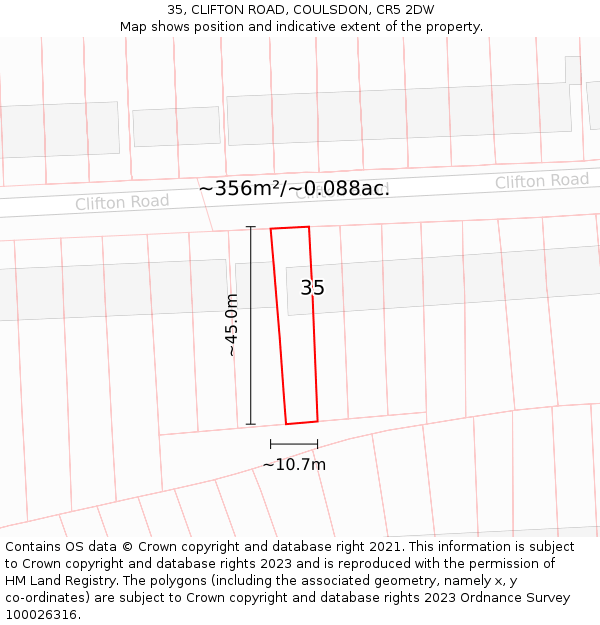 35, CLIFTON ROAD, COULSDON, CR5 2DW: Plot and title map