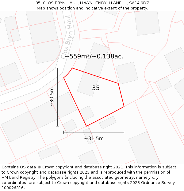 35, CLOS BRYN HAUL, LLWYNHENDY, LLANELLI, SA14 9DZ: Plot and title map