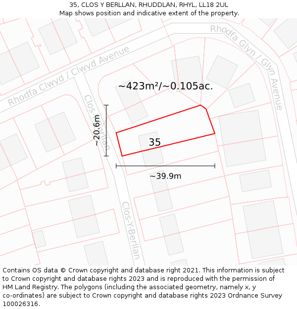 35, CLOS Y BERLLAN, RHUDDLAN, RHYL, LL18 2UL: Plot and title map