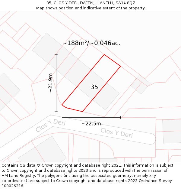 35, CLOS Y DERI, DAFEN, LLANELLI, SA14 8QZ: Plot and title map