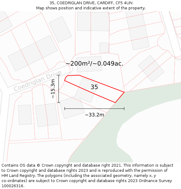 35, COEDRIGLAN DRIVE, CARDIFF, CF5 4UN: Plot and title map