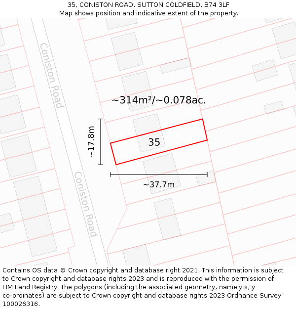 35, CONISTON ROAD, SUTTON COLDFIELD, B74 3LF: Plot and title map