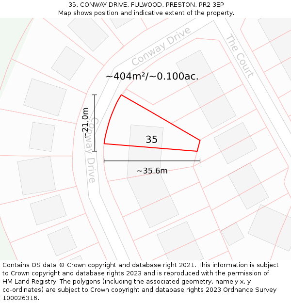 35, CONWAY DRIVE, FULWOOD, PRESTON, PR2 3EP: Plot and title map