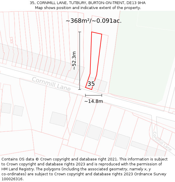 35, CORNMILL LANE, TUTBURY, BURTON-ON-TRENT, DE13 9HA: Plot and title map