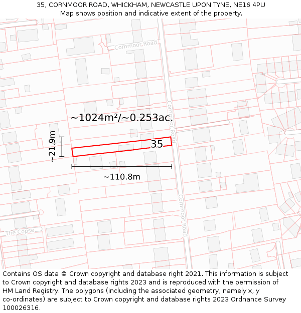 35, CORNMOOR ROAD, WHICKHAM, NEWCASTLE UPON TYNE, NE16 4PU: Plot and title map