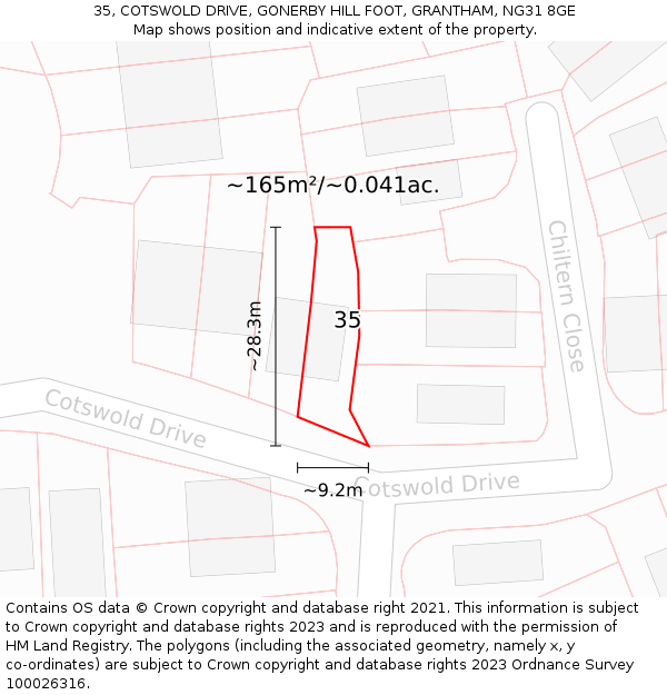 35, COTSWOLD DRIVE, GONERBY HILL FOOT, GRANTHAM, NG31 8GE: Plot and title map