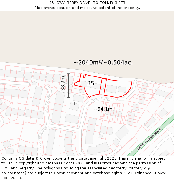 35, CRANBERRY DRIVE, BOLTON, BL3 4TB: Plot and title map