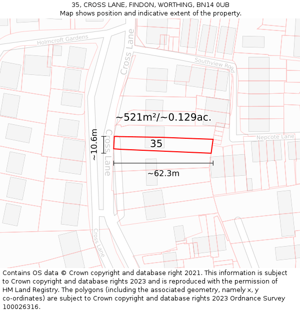 35, CROSS LANE, FINDON, WORTHING, BN14 0UB: Plot and title map