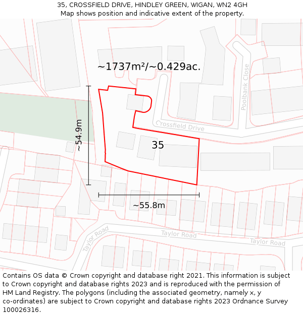 35, CROSSFIELD DRIVE, HINDLEY GREEN, WIGAN, WN2 4GH: Plot and title map