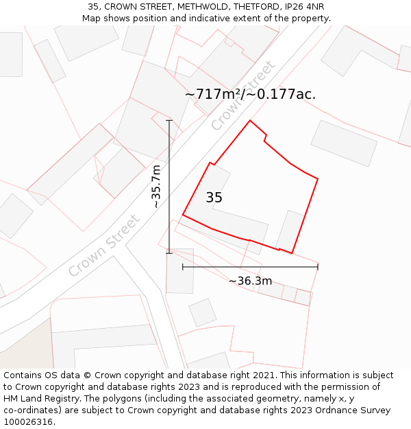 35, CROWN STREET, METHWOLD, THETFORD, IP26 4NR: Plot and title map