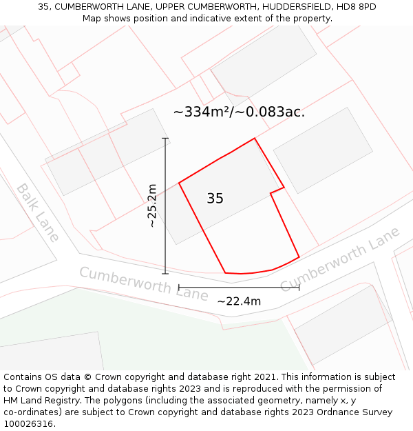 35, CUMBERWORTH LANE, UPPER CUMBERWORTH, HUDDERSFIELD, HD8 8PD: Plot and title map