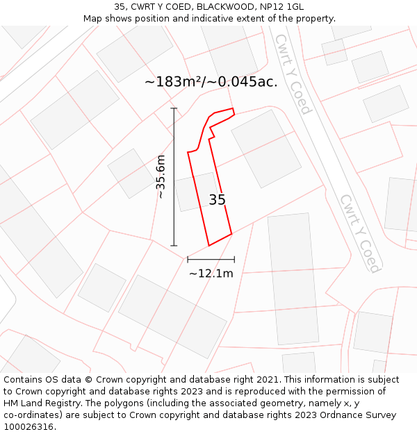 35, CWRT Y COED, BLACKWOOD, NP12 1GL: Plot and title map