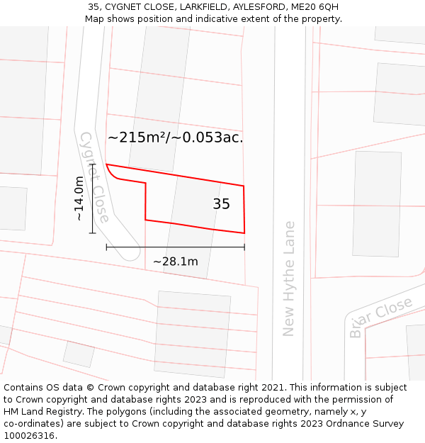 35, CYGNET CLOSE, LARKFIELD, AYLESFORD, ME20 6QH: Plot and title map