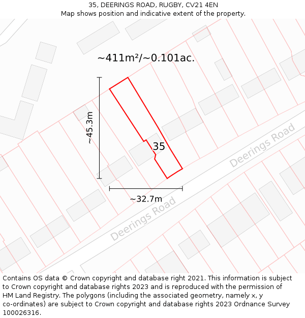 35, DEERINGS ROAD, RUGBY, CV21 4EN: Plot and title map